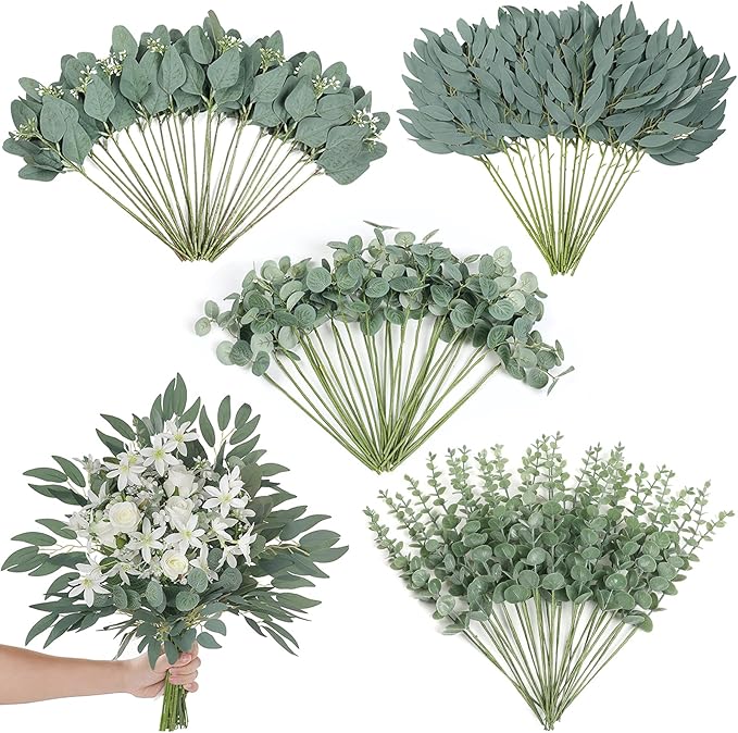 120 Pcs 4 Kinds Mixed Artificial Eucalyptus Leaves Stems Bulk Fake Silver Dollar Eucalyptus Bundle Faux Plants Greenery fo...