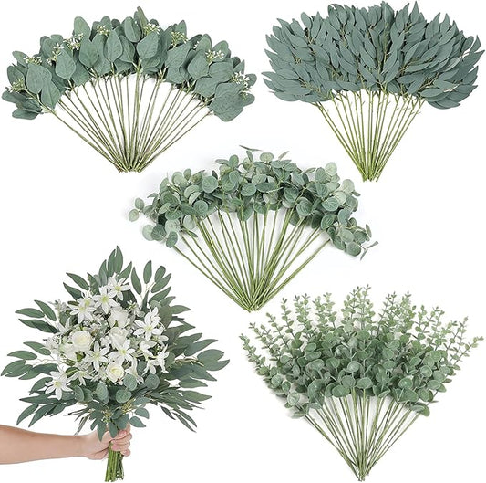 120 Pcs 4 Kinds Mixed Artificial Eucalyptus Leaves Stems Bulk Fake Silver Dollar Eucalyptus Bundle Faux Plants Greenery fo...