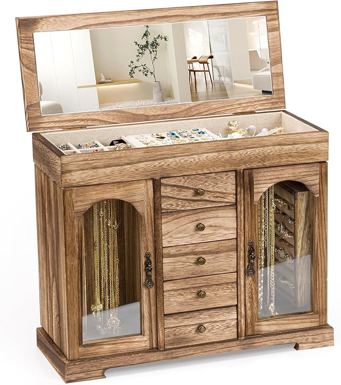 Miratino Jewelry Box for Women Girls, Rustic Wooden Jewelry Organizer Box with Mirror, 5 Layer Jewelry Storage Case Displa...