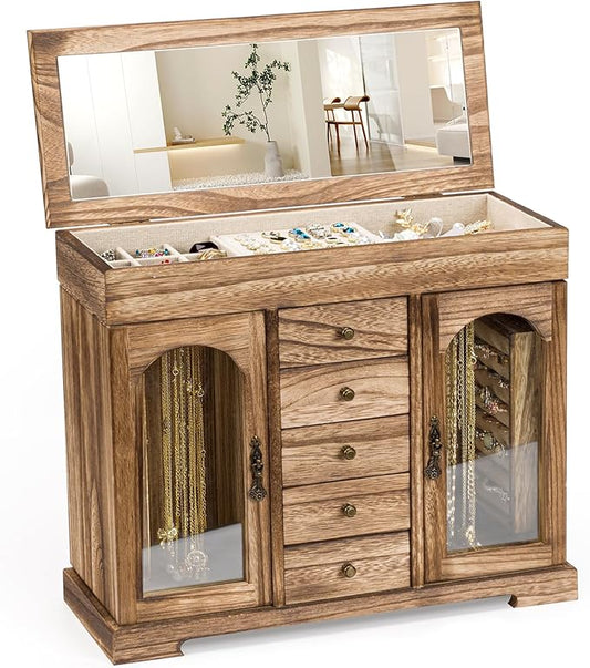 Miratino Jewelry Box for Women Girls, Rustic Wooden Jewelry Organizer Box with Mirror, 5 Layer Jewelry Storage Case Displa...