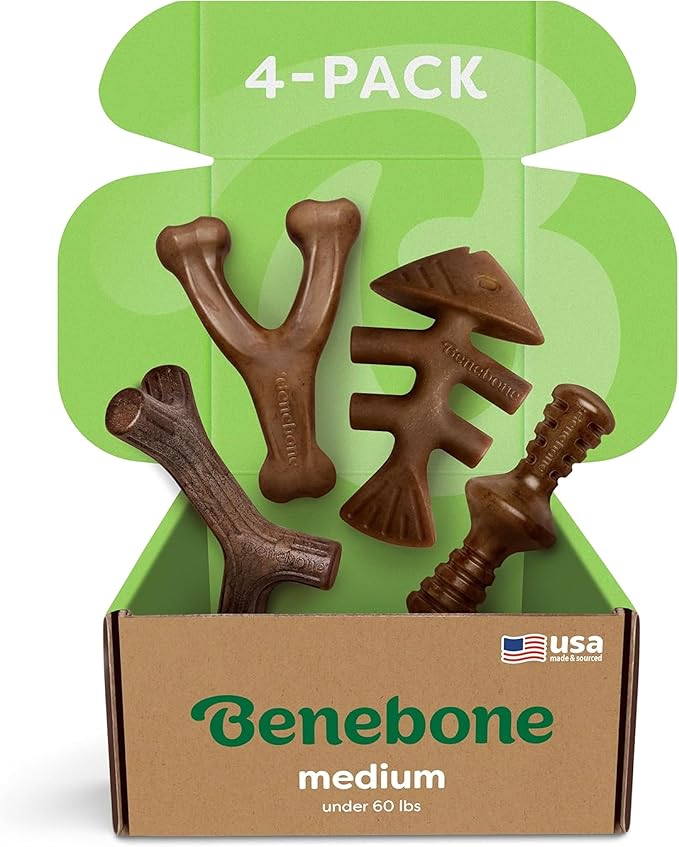 Benebone Medium 4-Pack Dog Toys for Aggressive Chewers – Durable Dog Bones, Made in USA – Dog Toys for Medium Dogs Under 6...