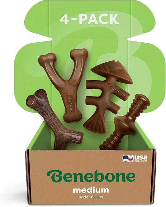 Benebone Medium 4-Pack Dog Toys for Aggressive Chewers – Durable Dog Bones, Made in USA – Dog Toys for Medium Dogs Under 6...