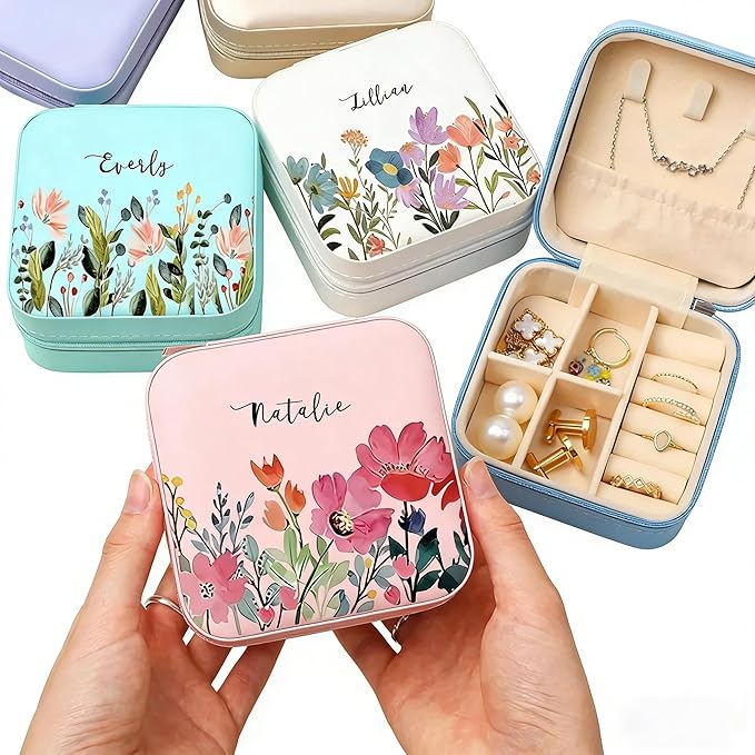 Custom Travel Jewelry Box with Name Birth Flower, Personalized Small Travel Jewelry Case for Rings, Earrings, Necklaces, C...