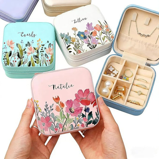 Custom Travel Jewelry Box with Name Birth Flower, Personalized Small Travel Jewelry Case for Rings, Earrings, Necklaces, C...