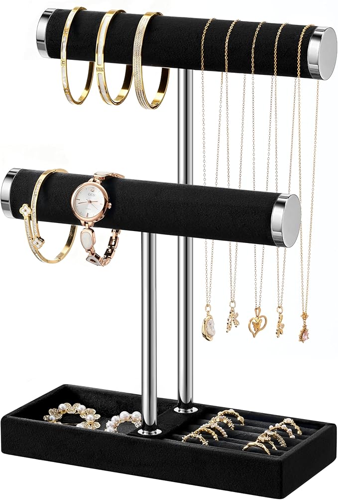 bussdis 2 Tier Bracelet Holder Display - Detachable T Bar Black and Silver Velvet Bracelet Holder, Jewelry Holder Organize...