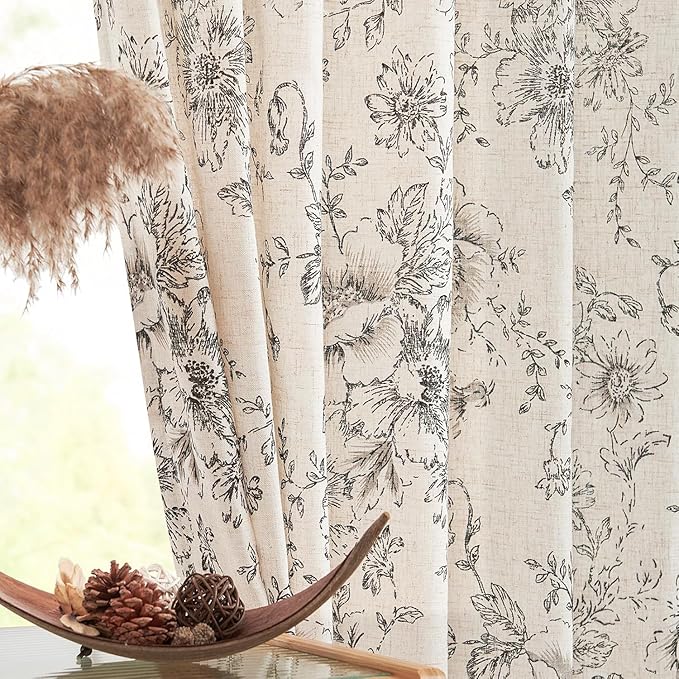 jinchan Floral Curtains for Living Room 84 Inch Length Farmhouse Printed Curtain Rod Pocket Back Tab Black Peony Flower Pa...