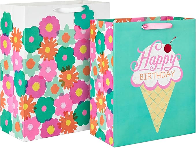 Hallmark Modern Flowers and Ice Cream Birthday Gift Bag Set (2 Bags: 13" Large and 15" Extra Large) for Kids, Teens, Friends