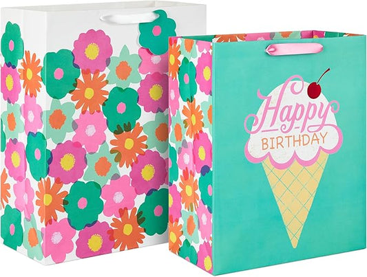 Hallmark Modern Flowers and Ice Cream Birthday Gift Bag Set (2 Bags: 13" Large and 15" Extra Large) for Kids, Teens, Friends