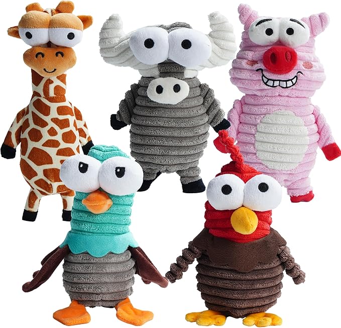 Nocciola 5-Pack Squeaky Dog Toys, Durable Stuffed Critter Zoo Dog Toys with Unique Squeak Sounds to Keep Dogs Busy, Puppy ...