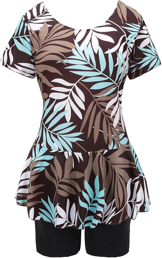 Knaspor Women's One Piece Swim Dress Modest Swimsuit Floral Leaf Print Short Sleeve Swimwear