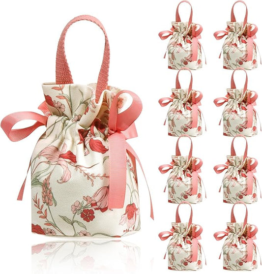 Liobelon 8 Pieces Floral Mini Gift Bags with Handles 14x9.5x6cm/5.5x3.7x2.3inch Canvas Small Candy Bag Tea Party Favor Bag...