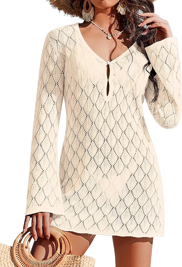 Ekouaer Swimsuit Coverup for Women Crochet Beach Cover Up Hollow Out Long Sleeve Cover Ups 2026 Summer Vacation Outfits