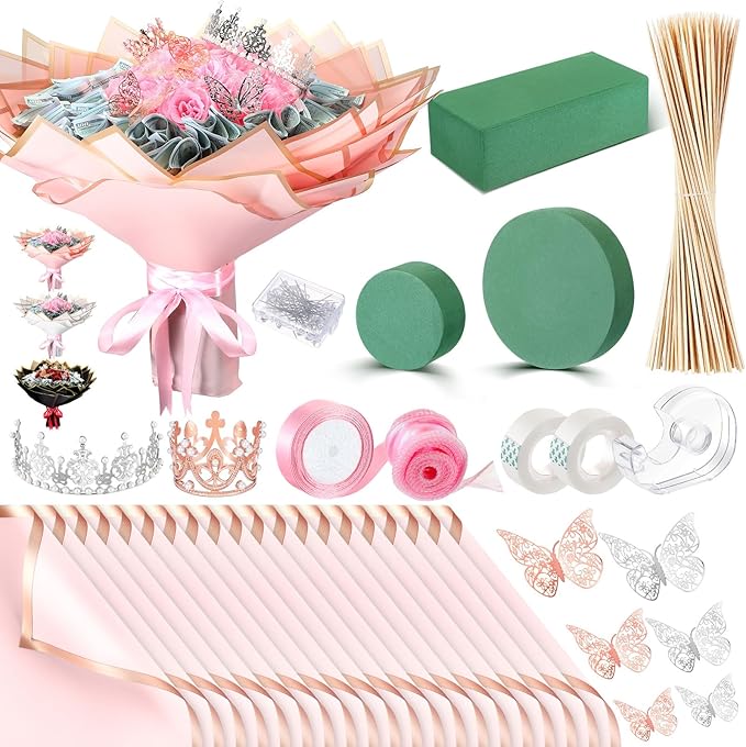 XunYee Bouquet Kit 20 Sheet Flower Wrapping Paper 100 Pcs Bamboo Skewers Floral Foam Blocks for Anniversary Birthday Gift ...