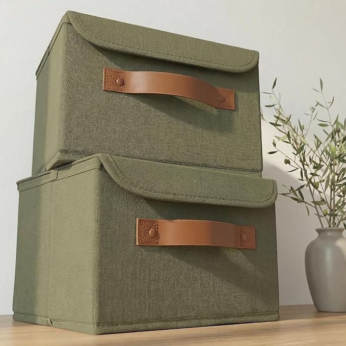 Decorative Linen Storage Boxes with Lids - Spacious Set of 2 Organizer Bins for Your Home Decor - The Perfect Small Contai...