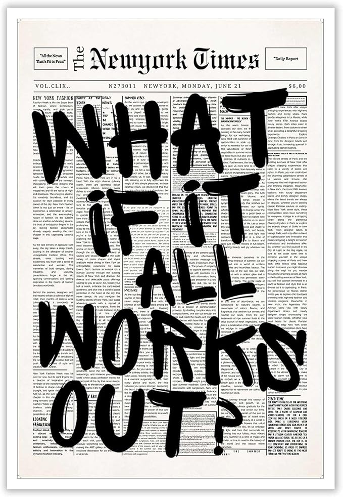 Retro Black And White Newspaper Poster What If It All Works Out Canvas Wall Art Positive Affirming Quote Minimalist Prints...