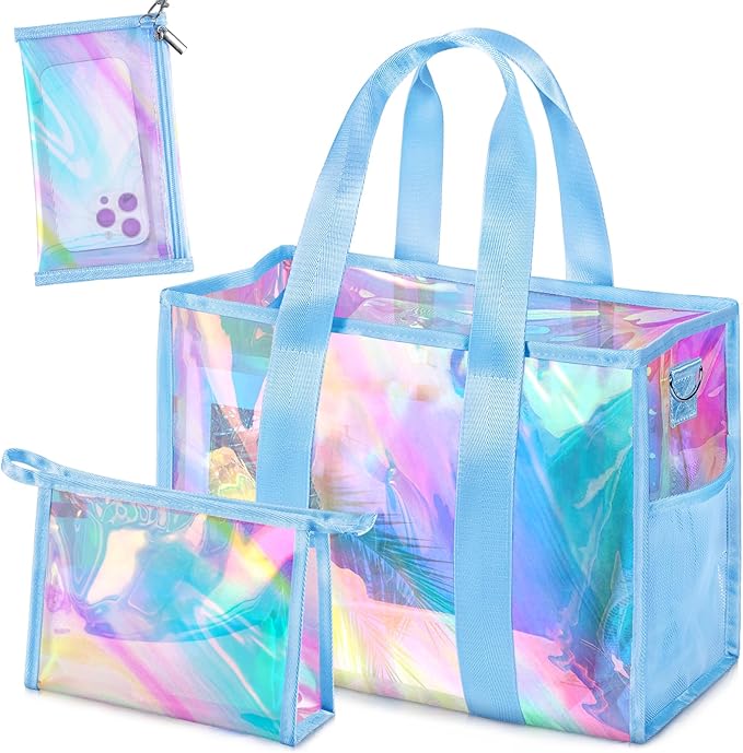 ComfyKit Iridescent Beach Bag for Women,PVC Pool Bag with Cosmetic Pouch&Phone Pouch,Summer Beach Tote for Travel & Vacation