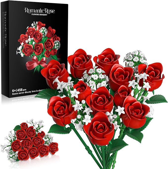 Red Rose Flowers Bouquet Building Set - Valentine's Day Gift Compatible with Lego Flowers for Adults Women, Collection Chr...