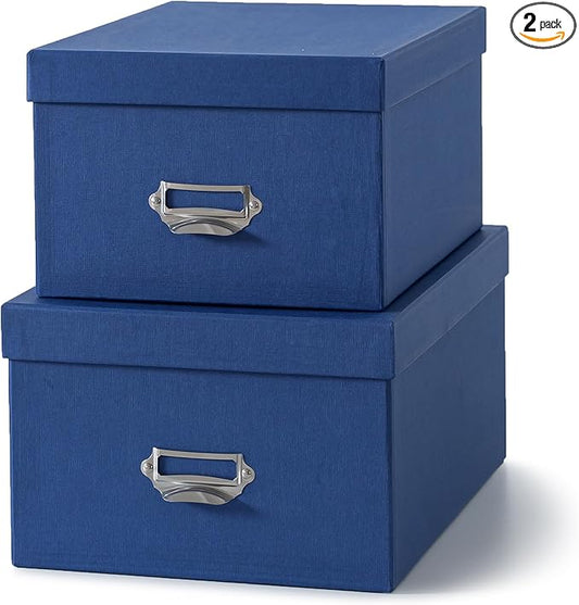 Soul & Lane Blue Decorative Cardboard Storage Boxes with Lids, Set of 2 Stacking Keepsake Photo and Memory Boxes for Home...