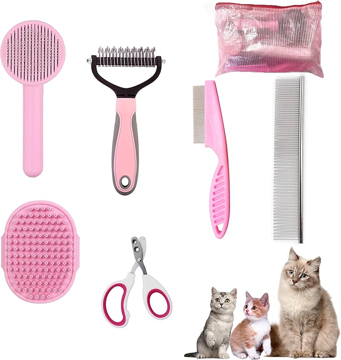 POSAPET Cat Grooming Brush Kit 6 Tools - Deshedding & Dematting for Long/Short Hair, Self-Cleaning Slicker Brush with 6-i...