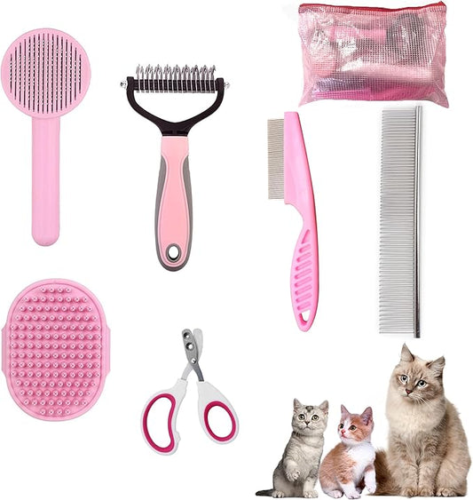 POSAPET Cat Grooming Brush Kit 6 Tools - Deshedding & Dematting for Long/Short Hair, Self-Cleaning Slicker Brush with 6-i...