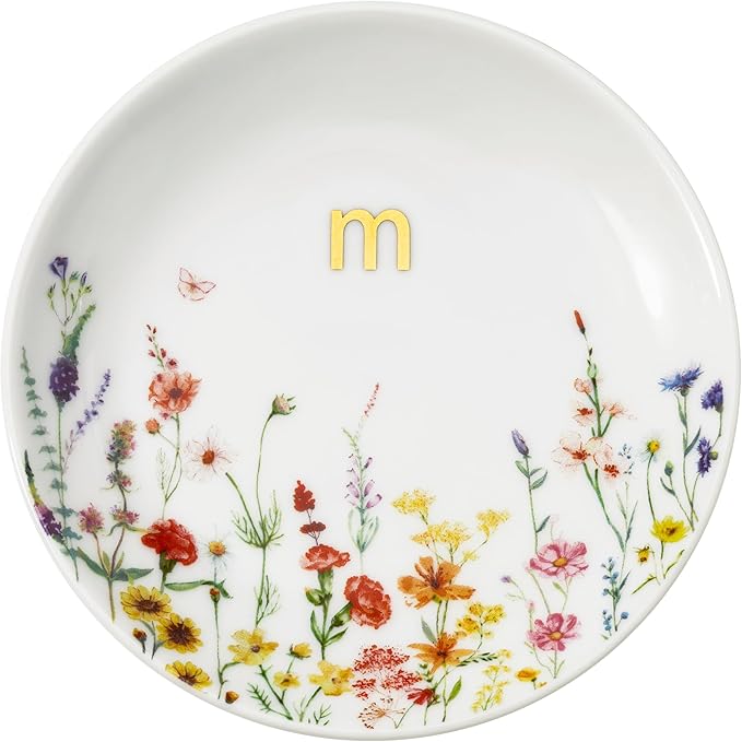 Crisky Initial Jewelry Ring Dish & Gift Box, Ceramic Flower Trinket Dish for Rings Earrings Necklaces, Bridal Shower/Bride...