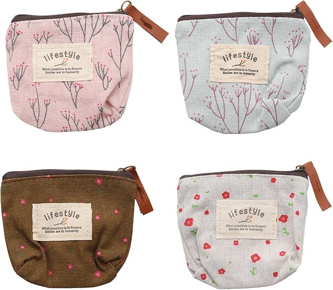 OYWOBET 4Pcs Mini Canvas Purse Coin Pouch, Mini Makeup Bags with Flower Pattern, Small Cosmetic Bag with Zipper Portable T...