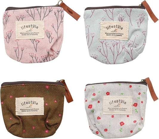 OYWOBET 4Pcs Mini Canvas Purse Coin Pouch, Mini Makeup Bags with Flower Pattern, Small Cosmetic Bag with Zipper Portable T...