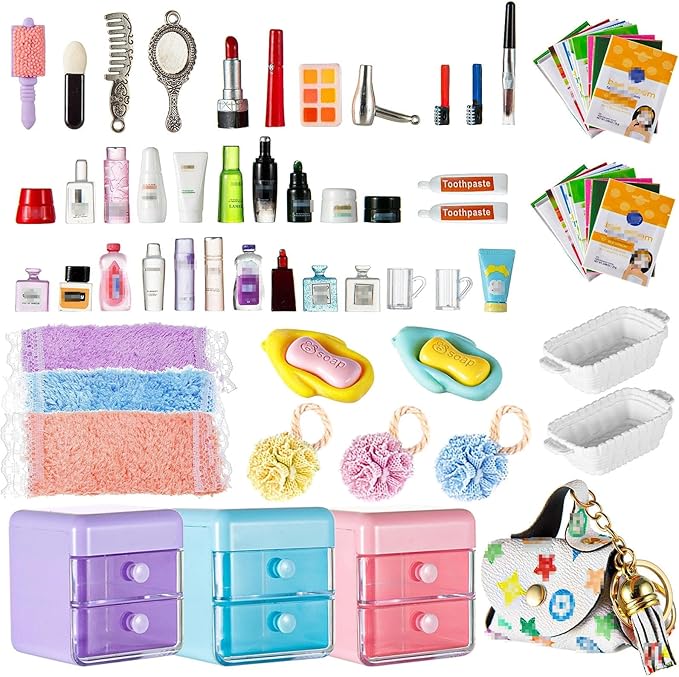 72Pcs Dollhouse Mini Jewelry Storage Case Handbag Towel Cosmetic Set Bathroom Acessories Toothbrush Shampoo Perfume Hair D...