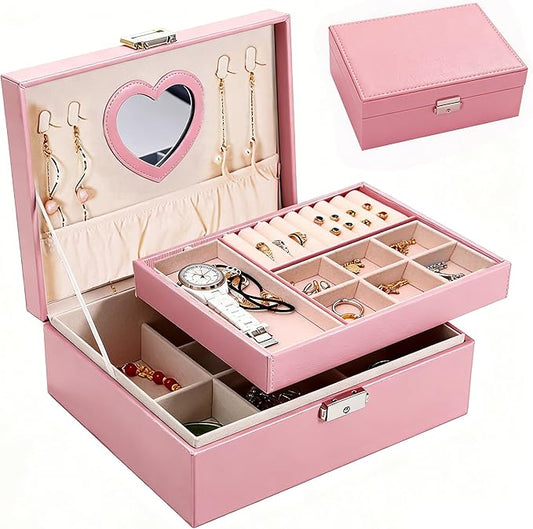 Jewelry Box Organizer for Women, 2-Layer Large Jewelry Storage Boxes with Mirror Ideal Gift Earrings Box Case for Necklac...