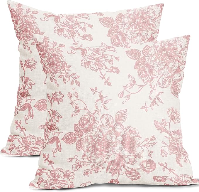 Kawani Pink and Cream Floral Pillow Covers 22x22 Inch Set of 2 Vintage Throw Chinoiserie Flower Pillowcases Farmhouse Cott...