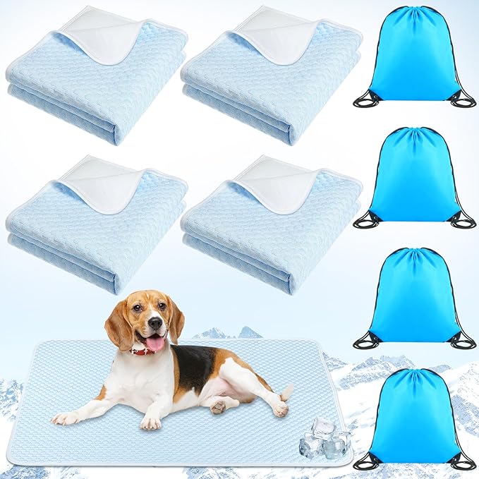 Fanfanwin 4 Pack Dog Cooling Mat 39" x 28" Summer Pet Self Cooling Mat and Sleeping Pad with Storage Bag Blue White Pet Pa...