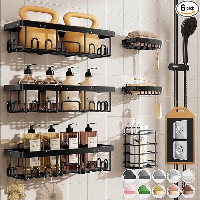 Veken Shower Caddy 6-Pack, Advanced Rustproof Design, No Drilling Adhesive Shelves, Rack with Soap Holder, Large Capacity ...