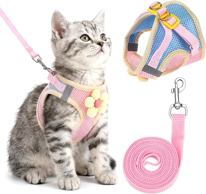 DOPENSPI Flower Cat Harness and Leash Set for Walking Escape Proof, 10.2-11.8in Neck Adjustable Kitten Harness and Leash S...