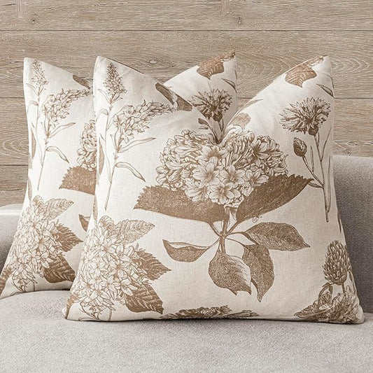 Foindtower Set of 2 Linen Floral Throw Pillow Covers Neutral Vintage Print Decorative Cushion Covers Farmhouse Boho Home D...