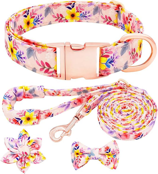 HSIGIO Dog Collar and Leash Set Girls Adjustable Puppy Collars with Floral Bow Tie for Small Medium Large Female Dogs, Pin...