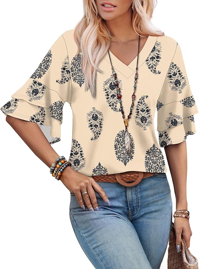 OFEEFAN Spring Tops for Women Boho Shirts Fashion Clothing Cute 3/4 Length Sleeve Blouses Dressy Casual Summer Outfits