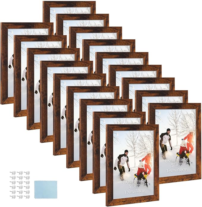 PHAREGE 5x7 Picture Frame Bulk Brown, Set of 18 MDF Wood Grain Frame for Display 5 by 7 Family Wedding Photos on Tabletop ...