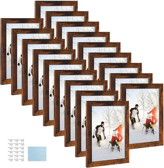 PHAREGE 5x7 Picture Frame Bulk Brown, Set of 18 MDF Wood Grain Frame for Display 5 by 7 Family Wedding Photos on Tabletop ...