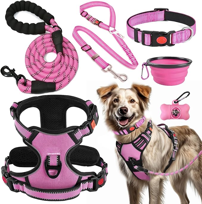 LOBEVE No Pull Dog Harness, Collar & Leash Set | Includes Dog Seat Belt, Collapsible Bowls & Poop Bag Dispenser. Ideal for...