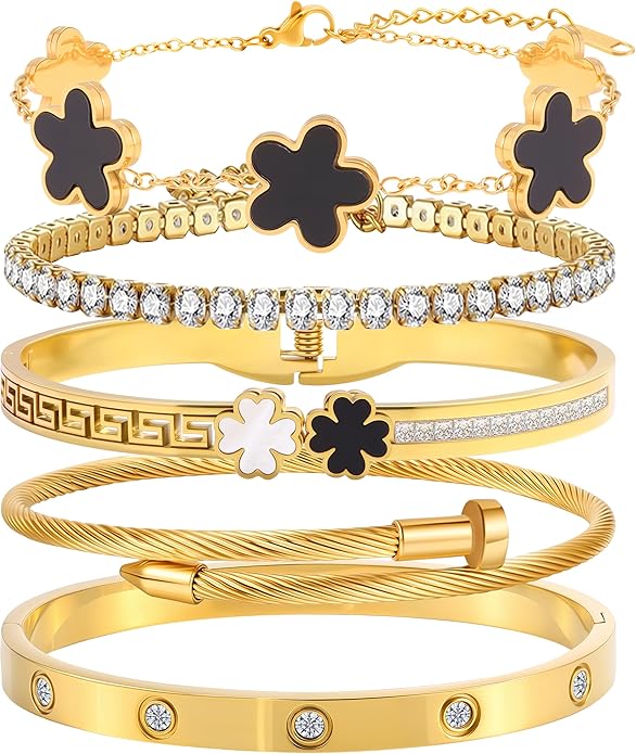 Camhanno 5pcs Gold Stackable Bracelet Set for Women - Stainless Steel Non-Tarnish Clover Lucky Charm Jewelry, Trendy Gift ...