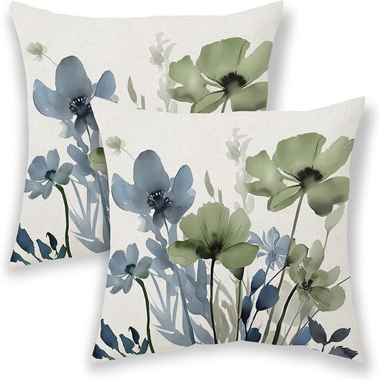 Blue Sage Green Pillow Covers 16x16 Inch Set of 2 Vintage Spring Blue Green Floral Throw Pillows Watercolor Summer Seasona...