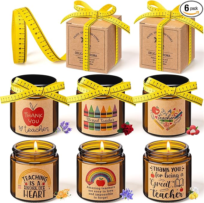 Lyrow 6 Pcs Teacher Appreciation Candles Gifts Set Best Teachers Gifts for Women and Men Include Ruler-Style Ribbon 3.5 oz...