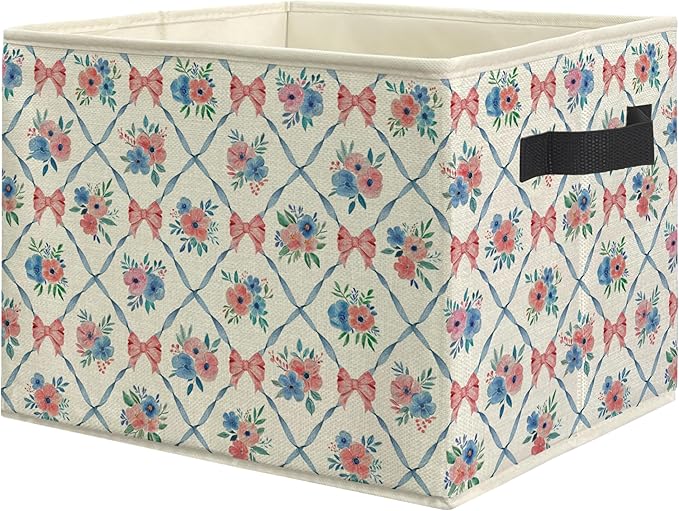 ROXMART Pink and Blue Bow Floral Storage Bin Box, Coquette Preppy Ribbon Bow Flower Collapsible Storage Basket Organizer f...