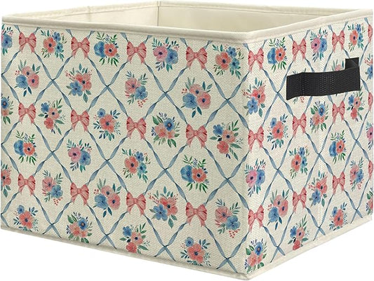 ROXMART Pink and Blue Bow Floral Storage Bin Box, Coquette Preppy Ribbon Bow Flower Collapsible Storage Basket Organizer f...