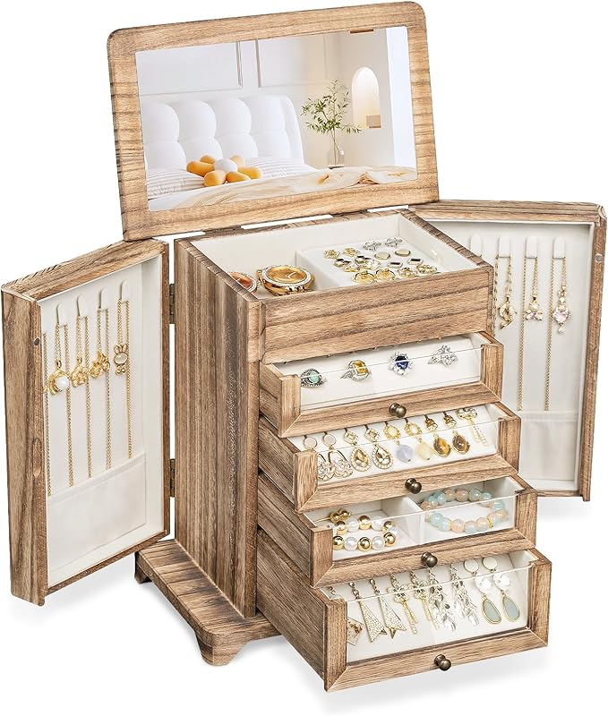Bellaownia Large Jewelry Box & Organizer for Women, Wooden Jewelry Storage with 4 Transparent Drawers, Holds Necklaces, Ri...
