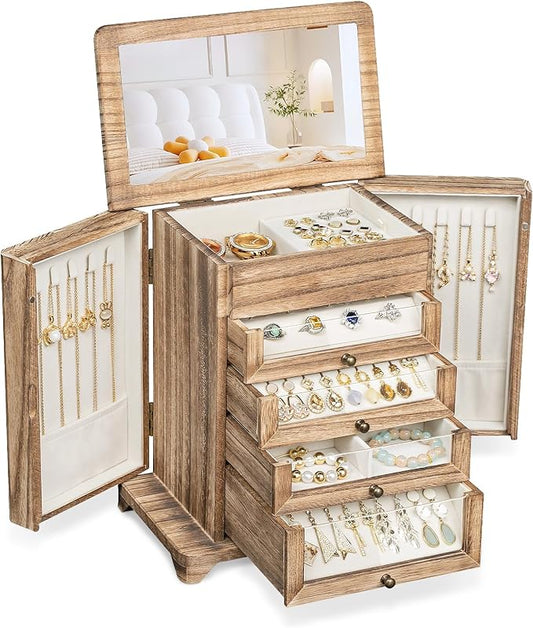 Bellaownia Large Jewelry Box & Organizer for Women, Wooden Jewelry Storage with 4 Transparent Drawers, Holds Necklaces, Ri...