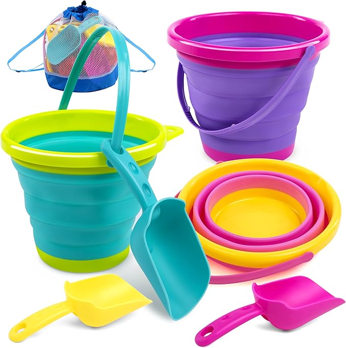 JOYIN Foldable Beach Bucket Set - 3 Packs Collapsible Toy Buckets with Shovels and Mesh Backpack for Kids Toddlers Party, ...