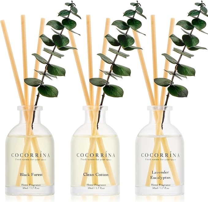 COCORRÍNA Eucalyptus Reed Diffuser Set of 3 - Lavender Eucalyptus, Black Forest, Clean Cotton Scents, 1.7 fl oz Each, Tota...
