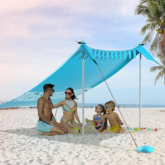 VILLEY Beach Tent Sun Shelter with UPF50+ Protection for 5 Person, 8x7FT Portable Sun Shade with 2 Stability Poles and 4 S...