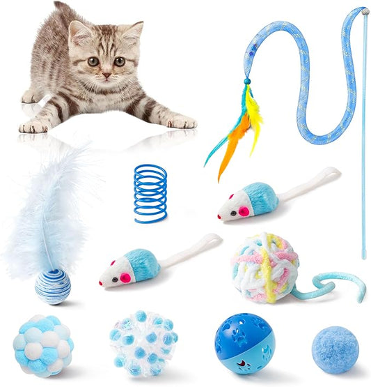 MALLMALL6 Cat Toy Set Interactive Cat Toys 10Pcs Pack Including Cat Springs Feather Teaser Wand Mice Crinkle Balls and Pet...